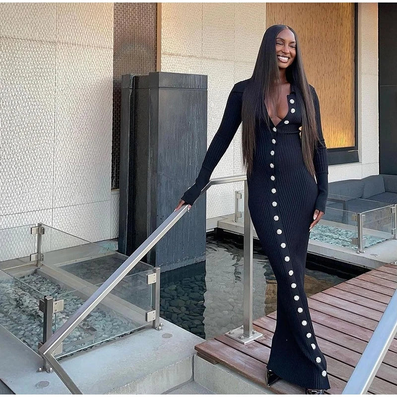 Sexy Knitted Fur Long Party Dress Women Solid Patchwork Full Sleeve V-neck Single Breasted Slim Dresses 2025 Fashion Evening Rob