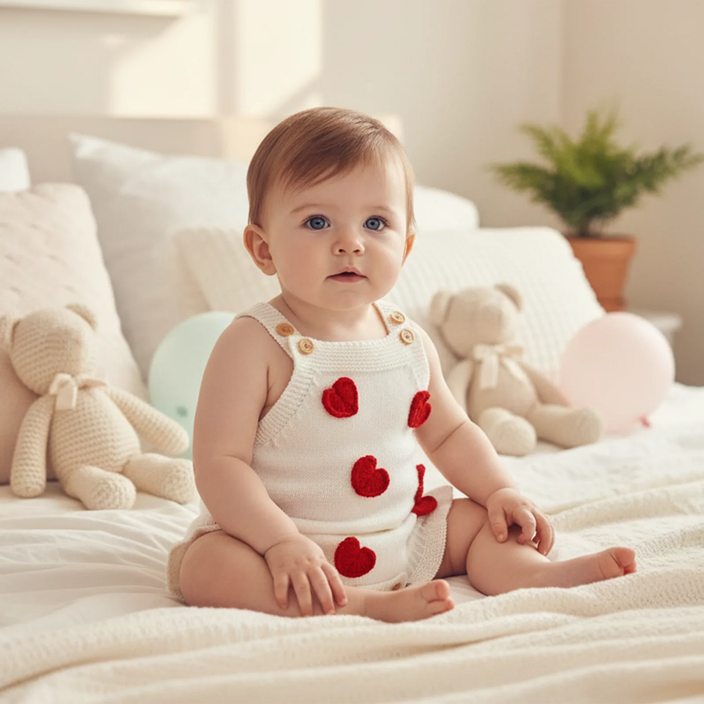 Baby Girl Valentine’s Day Romper Sleeveless Square Neck Heart Bodysuit Newborn Knit Overalls