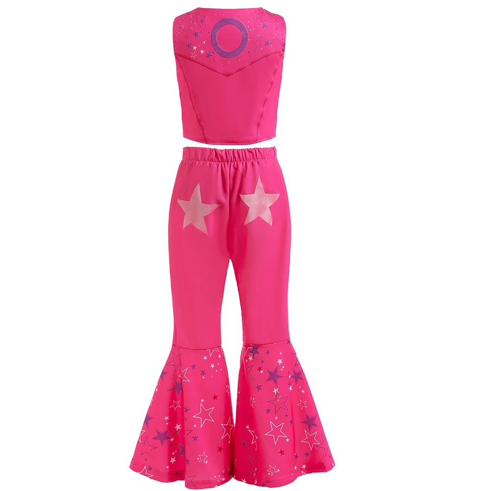 Girls Margot Movie Cospaly Costume Pink Vest Top And Flared Trousers For Kids Barbe Halloween Birthday Party Carnival Outfits
