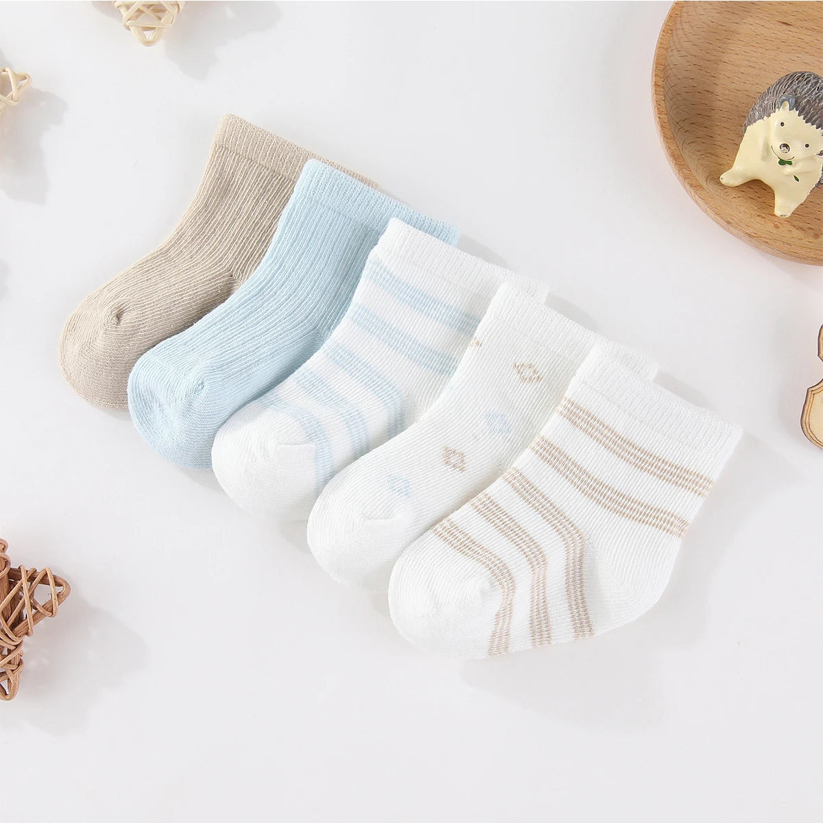 Kiddiezoom 5 Pairs Fashion Newborn Baby Boy Girl mid-calf Socks Cotton Soft Breathable Infant Accessories Four Seasons 0-12M