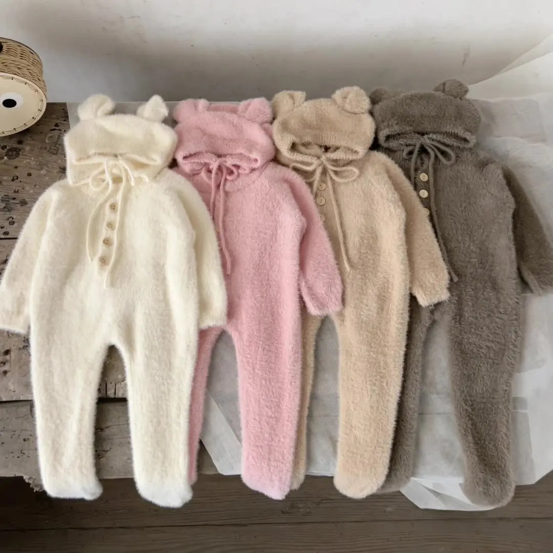 Newborn Baby Winter Jumpsuit Mink Cashmere Cute Bear Ear Hooded Onesie with Hat 0 - 3Y Baby Boys Girls Warm Footed Romper