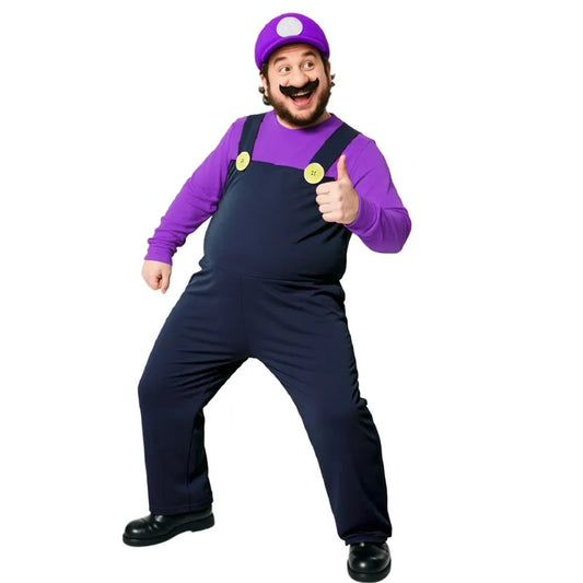 Halloween Men's Plumber Jumpsuit Roleplay Costume (Includes Hat, Gloves, Mustache Accessories) Available in Red, Yellow, Purple