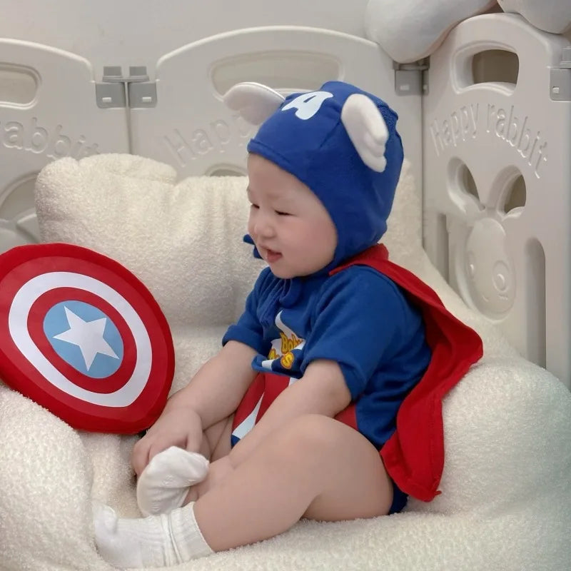 Fall 2025 Korean Superhero Baby Bodysuit Set Costume with Cape Shield & Hat for Cosplay Photoshoot One-Piece High quality Cotton