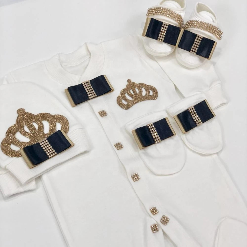 Dollbling Butterfly Jewelry Crown Gift Clothing Sets Welcome Home Lace Baby Rompers Mittens Bonnet Pajamas Outfit 4pcs Layette