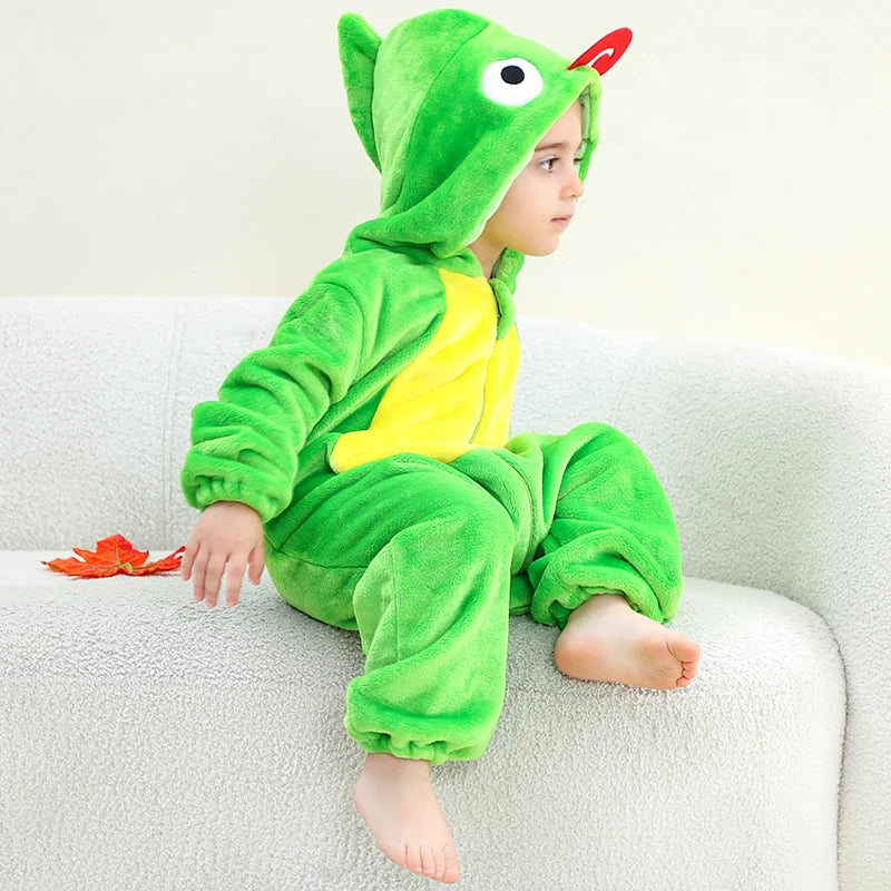 Halloween Costume Chameleon Baby Bodysuit Winter Hooded Plush Thicken Zipper Onesie Playful Cartoon Animal Rompers Holiday Dress