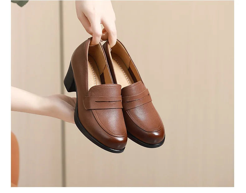 GKTINOO Pumps Women Genuine Cow Leather Round Toe Slip-On Loafers Med Heel Lady Shoes Handmade Women's Work Shoes