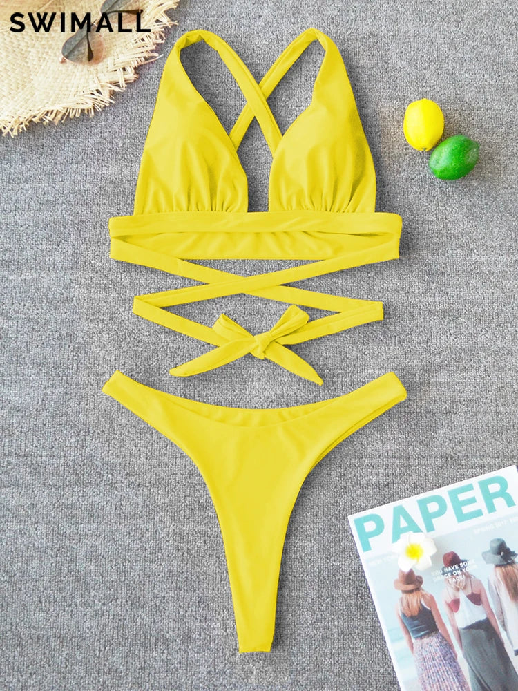 Sexy Bikini 2025 Solid Swimsuit Female Swimwear Women Push Up Bikini Set Cross Bandage Bathing Suit Beach Wear Swimming Suit