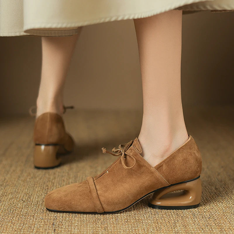 2025 New Women Pumps Sheep Suede Leather Shoes for Square Toe Low Heel Shoes Casual Lace-up Handmade Shoes 34-42 Women Heels