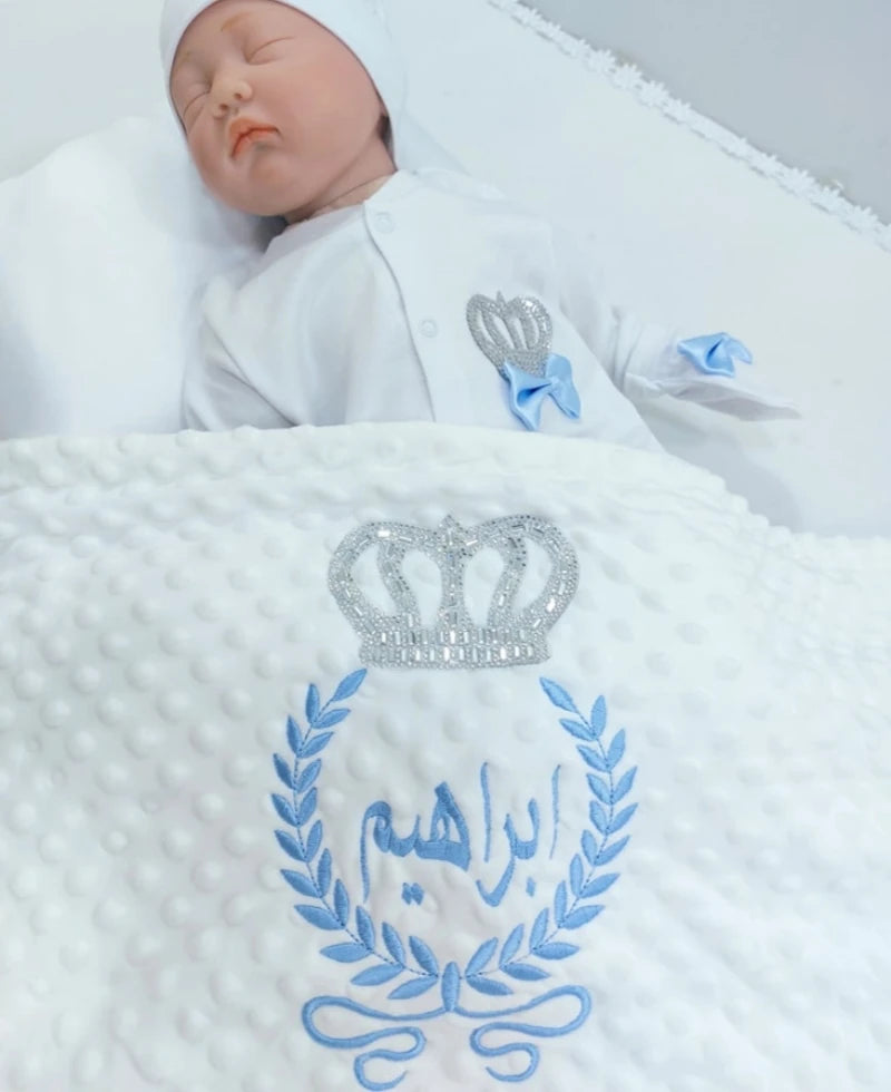 Customized Name Newborn Baby Boss Embroidery Lace Romper Outfit Infant Wrapped Baby Products Pants Mittens Receiving Blanket
