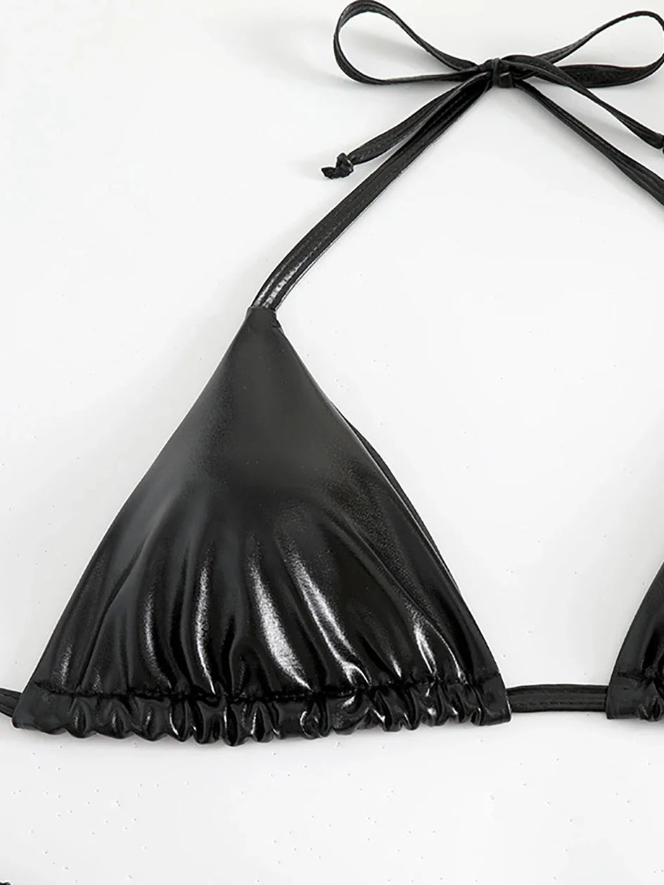 Sexy Metallic Halter Bikinis Sets Lace Up Triangle Tie Side Bikini 2026 Swimsuit Women Swimwear Brazilian Female Bathing Suits