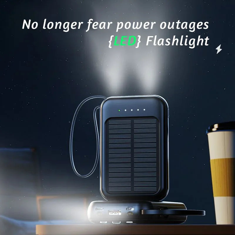 50000mAh High Capacity Solar Power Bank Built in Cable Solar Charger 2-USB Ports External Charger Power Bank LED Light 2026 New