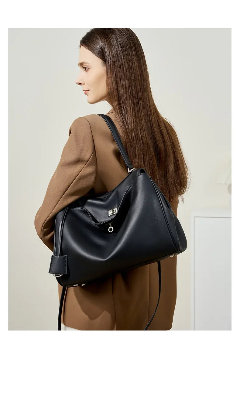 2025 New Luxury Tote Bag for Women Genuine Split Cow Leather Crossbody Shoulder Bag Top-Handle Work Lock Closure Underarm Purse