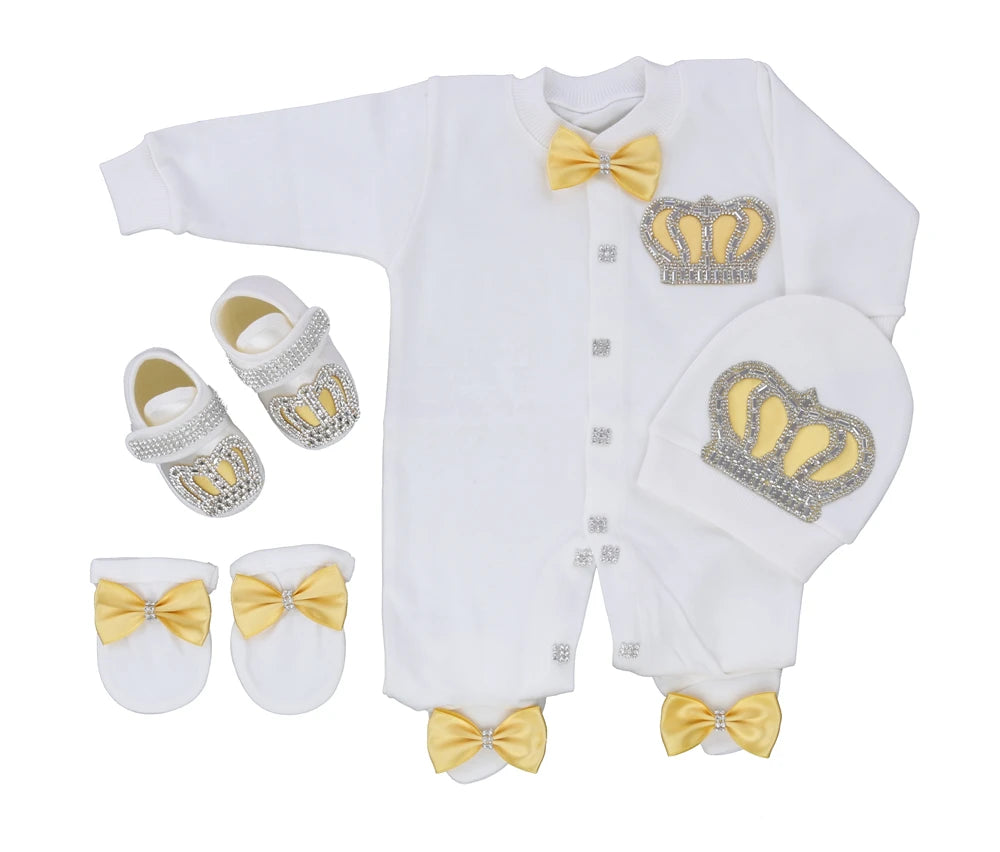 Dollbling Butterfly Jewelry Crown Gift Clothing Sets Welcome Home Lace Baby Rompers Mittens Bonnet Pajamas Outfit 4pcs Layette