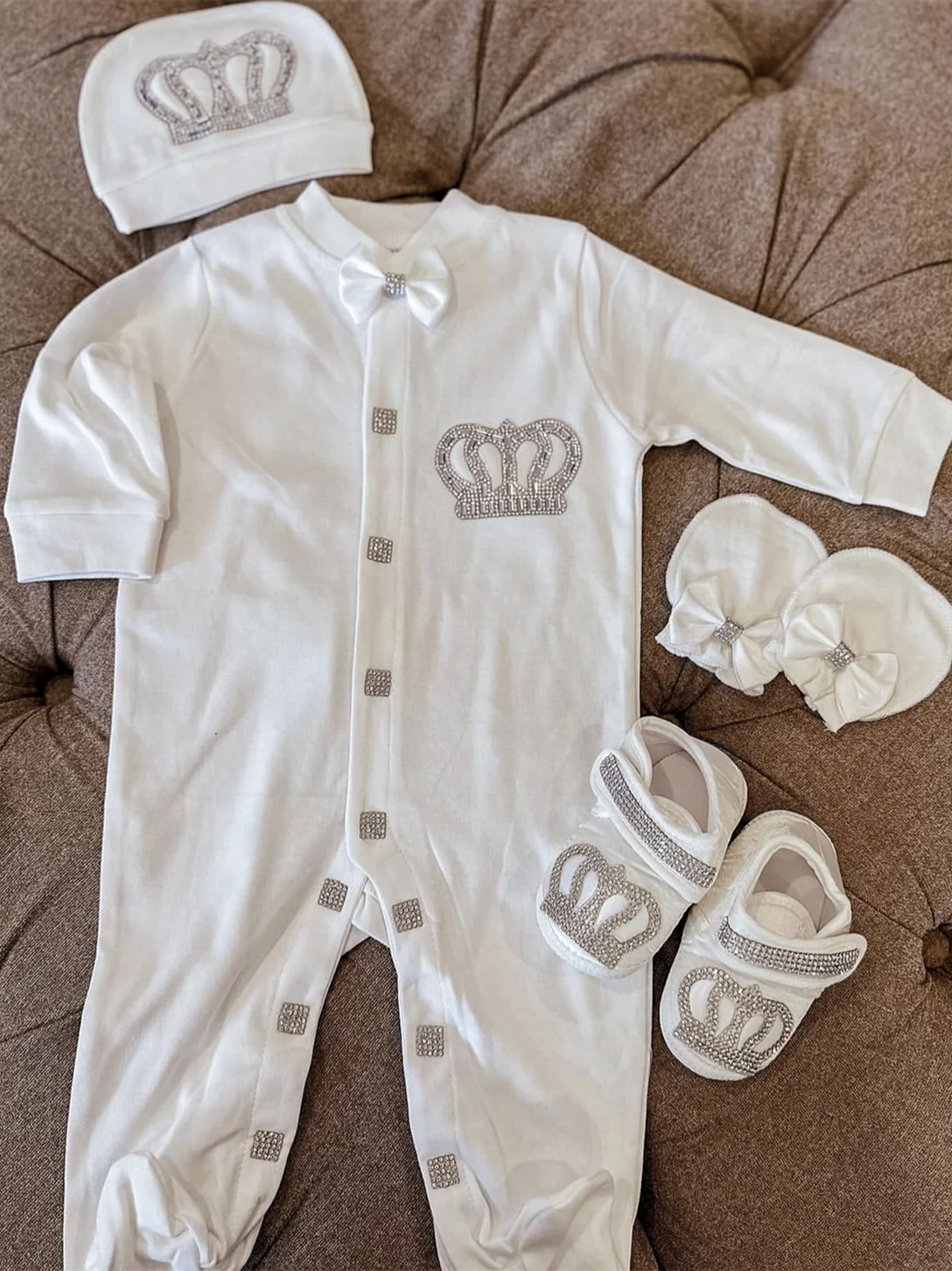 Dollbling Baptism Outfit Boy Prince Luxury Bling Christening Coming Home Romper Bonnet Set Mittens Nursery Hospital Clothing set
