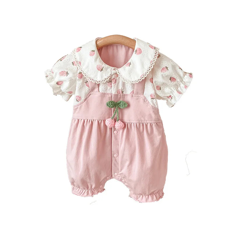 Summer Baby Girls Thin Rompers Lace Peter Pan Collar Puff Sleeve Cute Strawberry Print Jumpsuit Newborn Birthday Clothes E24256