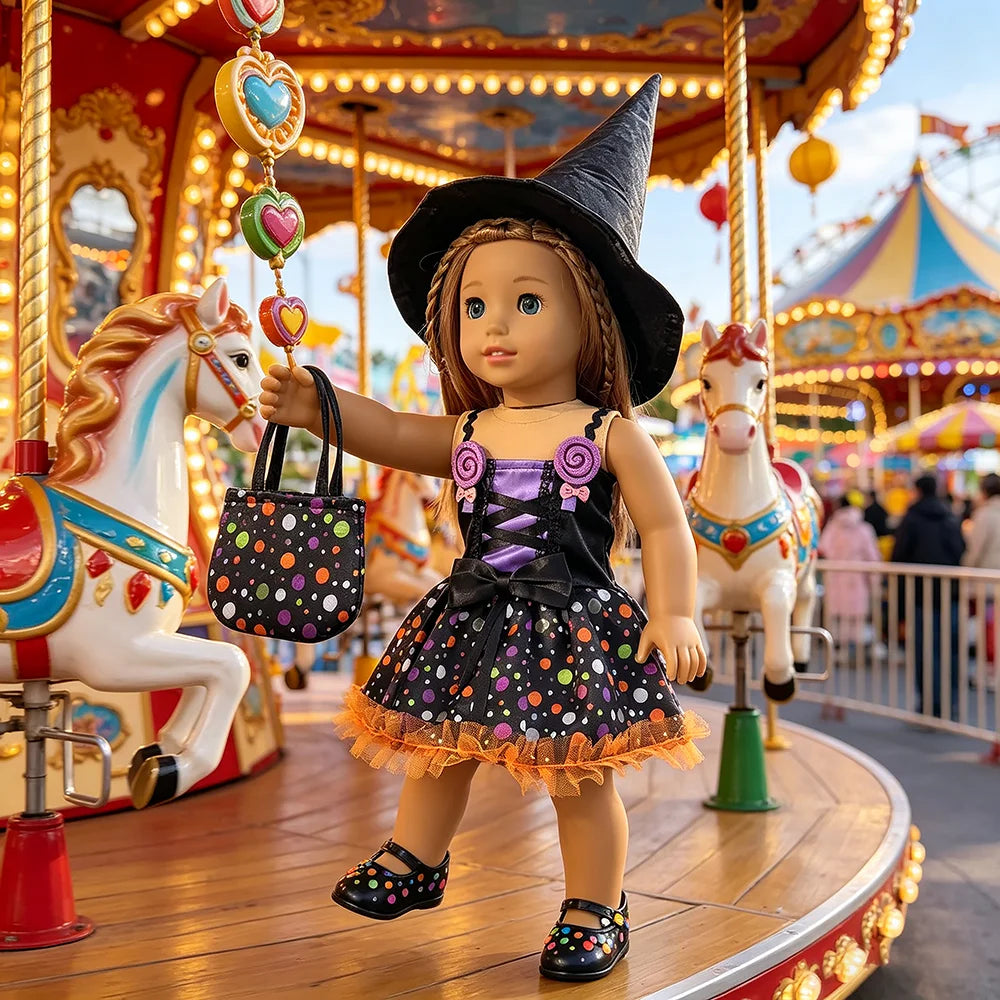 Halloween Doll Costume Outfit Suitable for 18 Inch Dolls. Doll Holiday Costume Set with Three Pieces and Doll Accessories