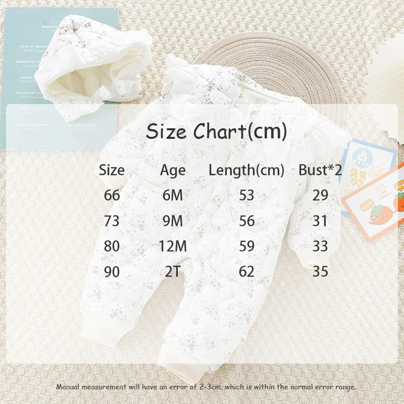 2024 Fall & Winter Baby Clothes 0-2 Y Sweet Toddler Girls Floral Fur Lining Rompers Infant Newborn Warm Jumpsuit with Hat