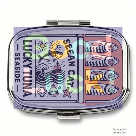 【WA】LUCKY TUNA Sardines Print Metal Pill Box, Portable 2-Compartment Travel Pill Organizer For Vitamins & Pills