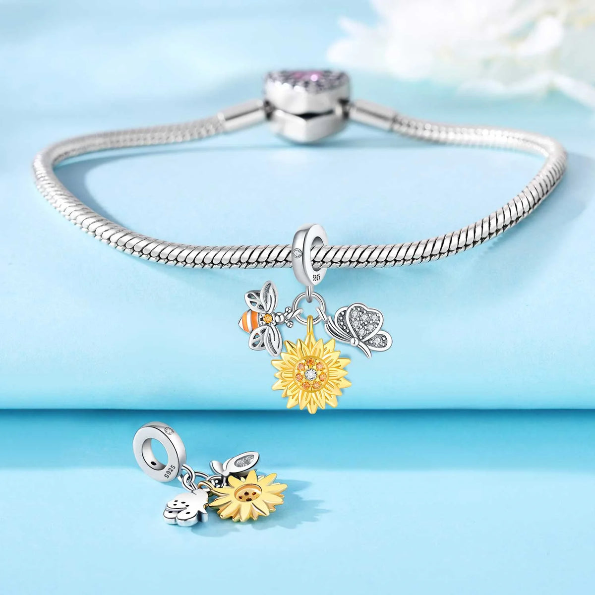 925 Sterling Silver Plated Bee Sunflower Butterfly Charm Pendant Fine Jewelry Women DIY Bracelet Necklace Birthday Party Gift