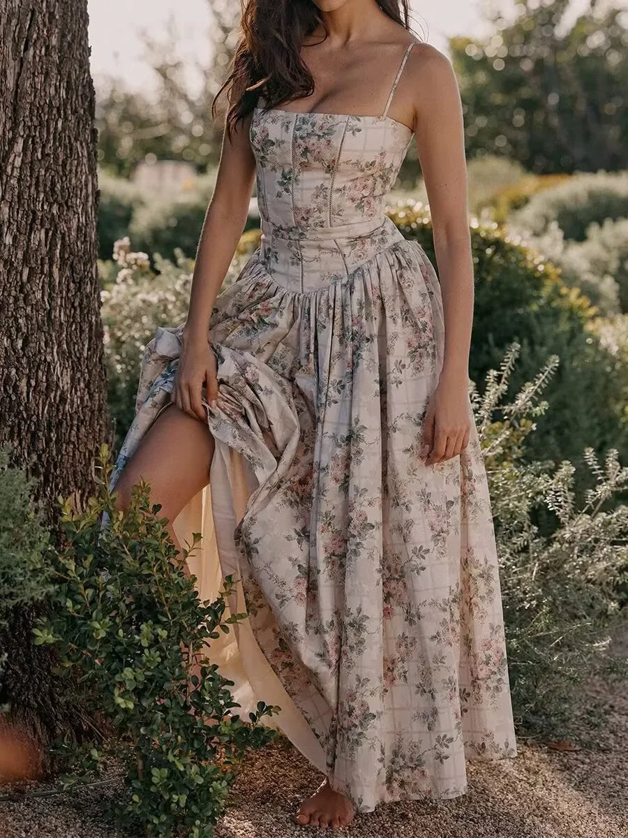 Elegant Fairylike French Style Gentle Floral Print Strapless Midi Dress Slimming Women's Fashion High End Feeling Dress