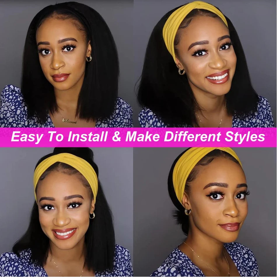 Kinky Straight Short Bob Headband Wig For Women Brazilian Remy 100% Human Hair 250% Cheap Full Machine Made Headband Half Wig