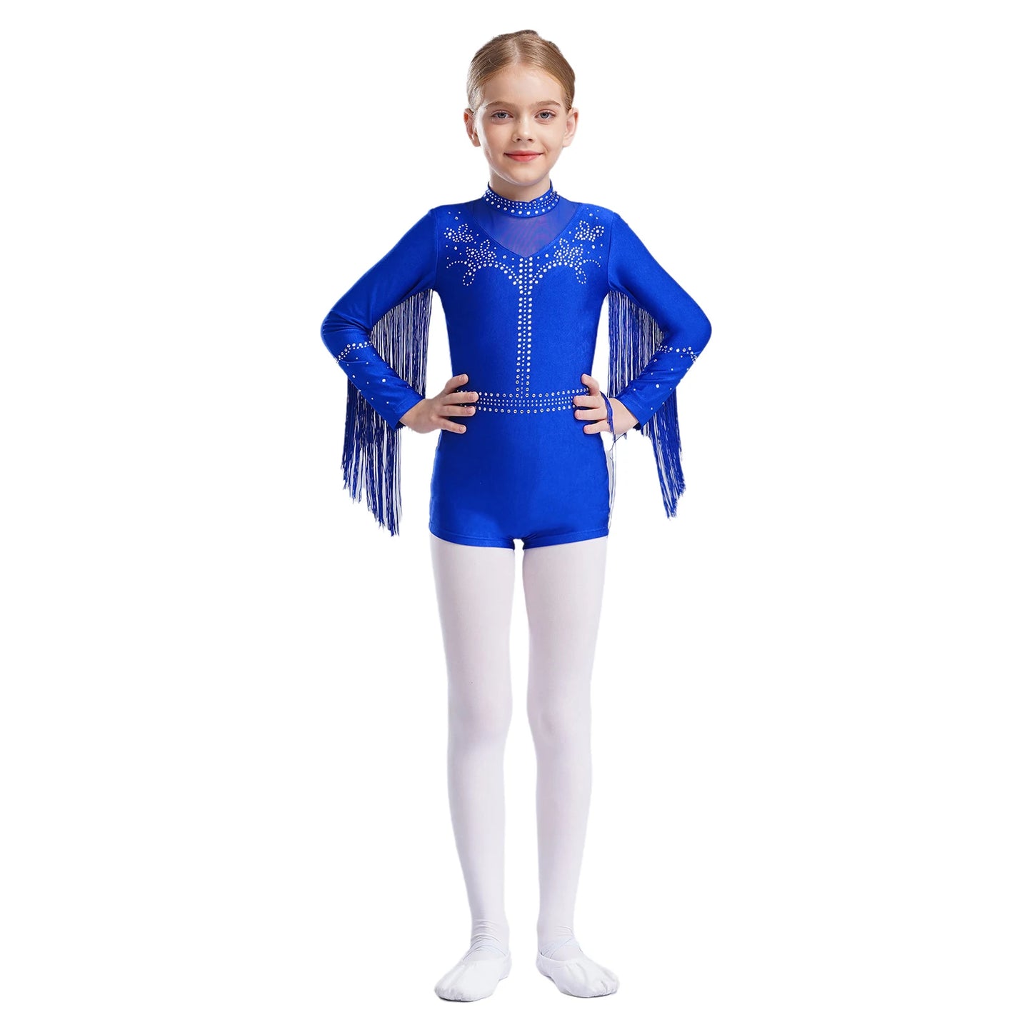 Girls Leotards Jumpsuit for Jazz Latin Skating Competition Costume Tassels Long Sleeve Rhinestones Bodysuit Modern Dancewear