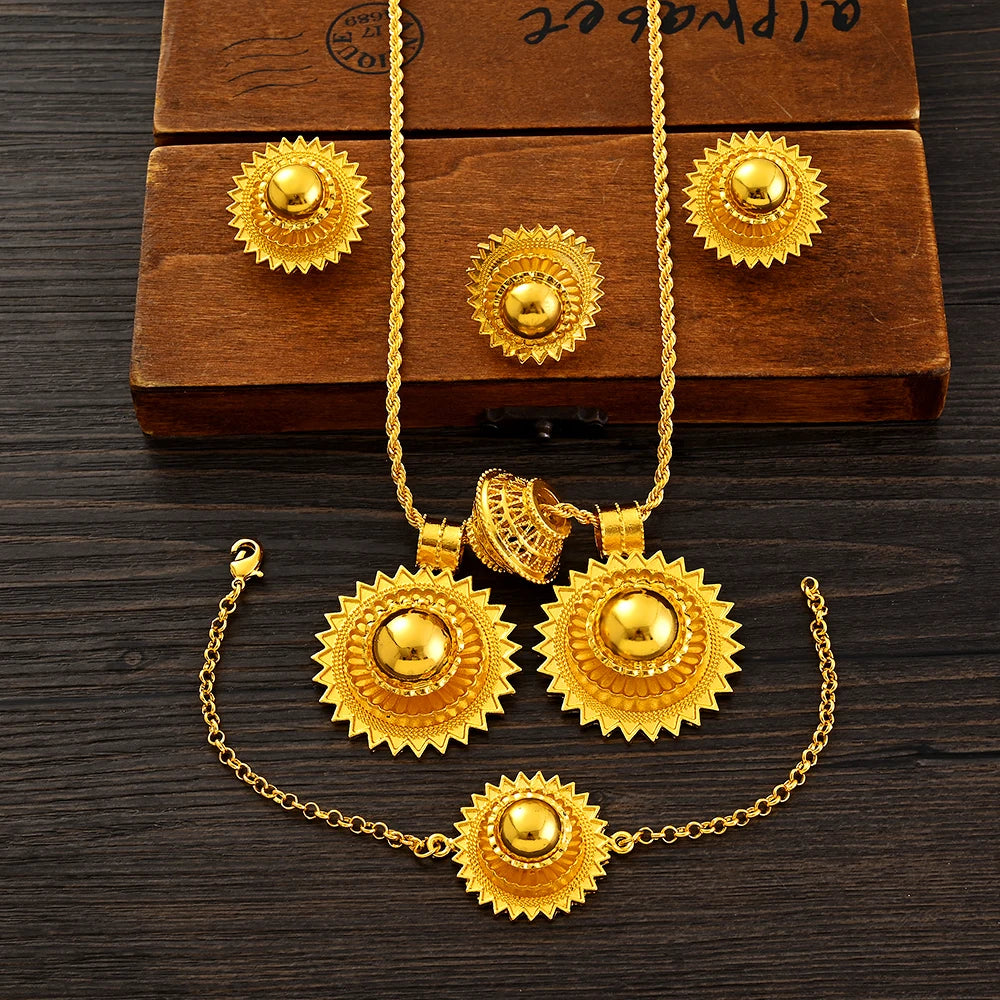 Ethiopian  Jewelry 2pcs Pendant/Necklace/Earring/Ring/Bracelet Gold Color Eritrea Set Man Women's Habesha Wedding Party Gift