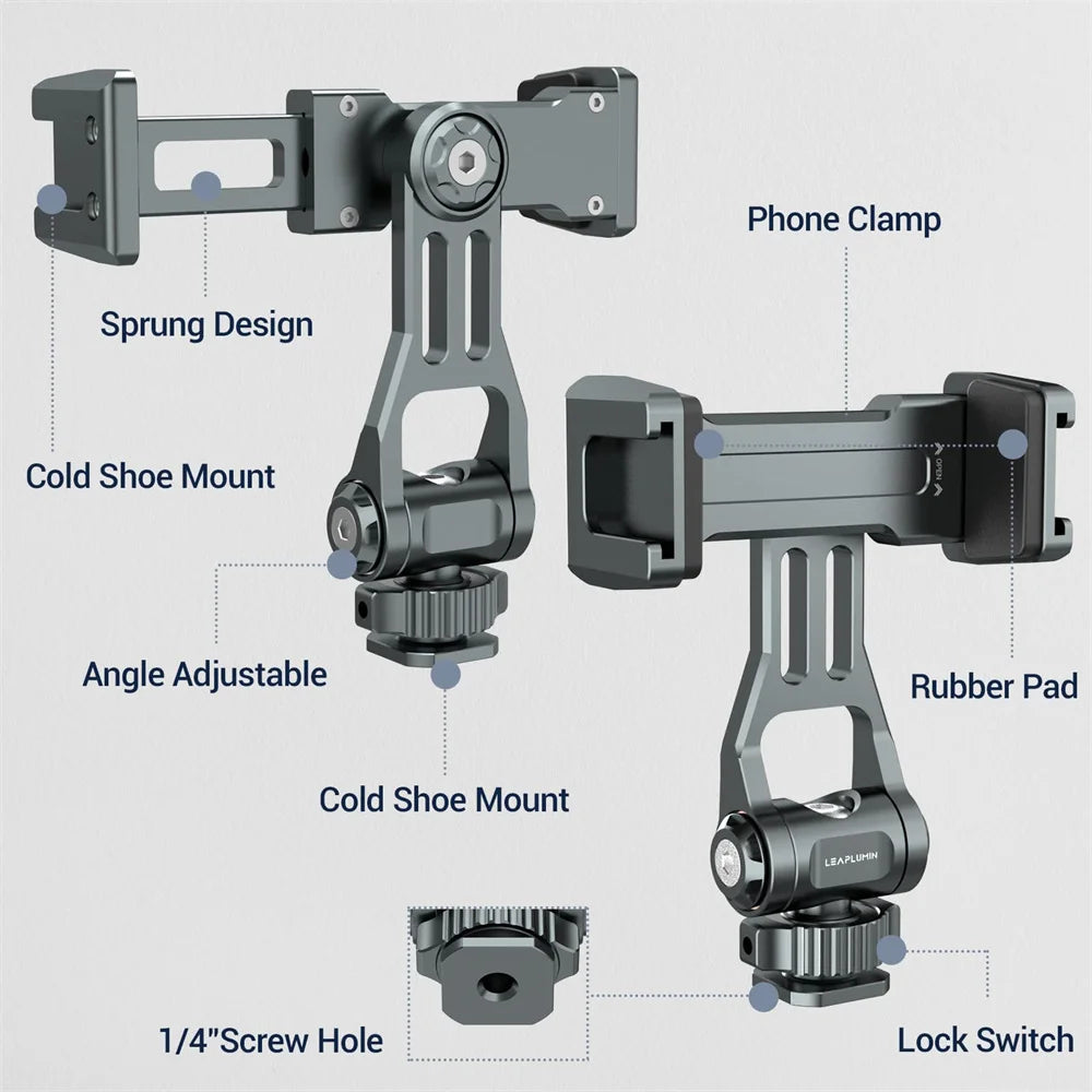 LEAPLIGHT Upgrade Aluminum Phone Tripod Mount Smartphone Holder Adapter W Arca Cold Shoe for iPhone 15 14 13 Phone Mic Light
