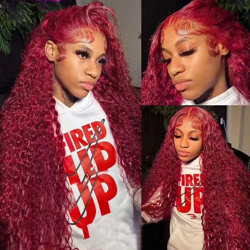 200 Density 13x4 Curly 99J Burgundy Lace Front Wig Red Wine Colored 30 40 Inch Deep Wave 13x6 HD Lace Frontal Human Hair Wigs