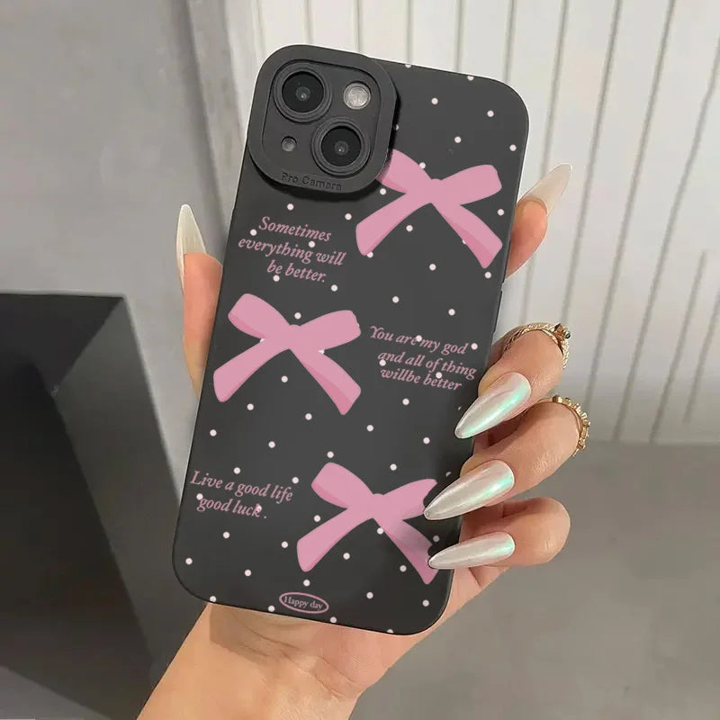inimalist Pink Girly Bow Slogan Phone Case For iPhone 17 16 15 14 13 12 11 Pro Max XS X XR 7 8 Plus 16E SE2 Soft Silicone Cover
