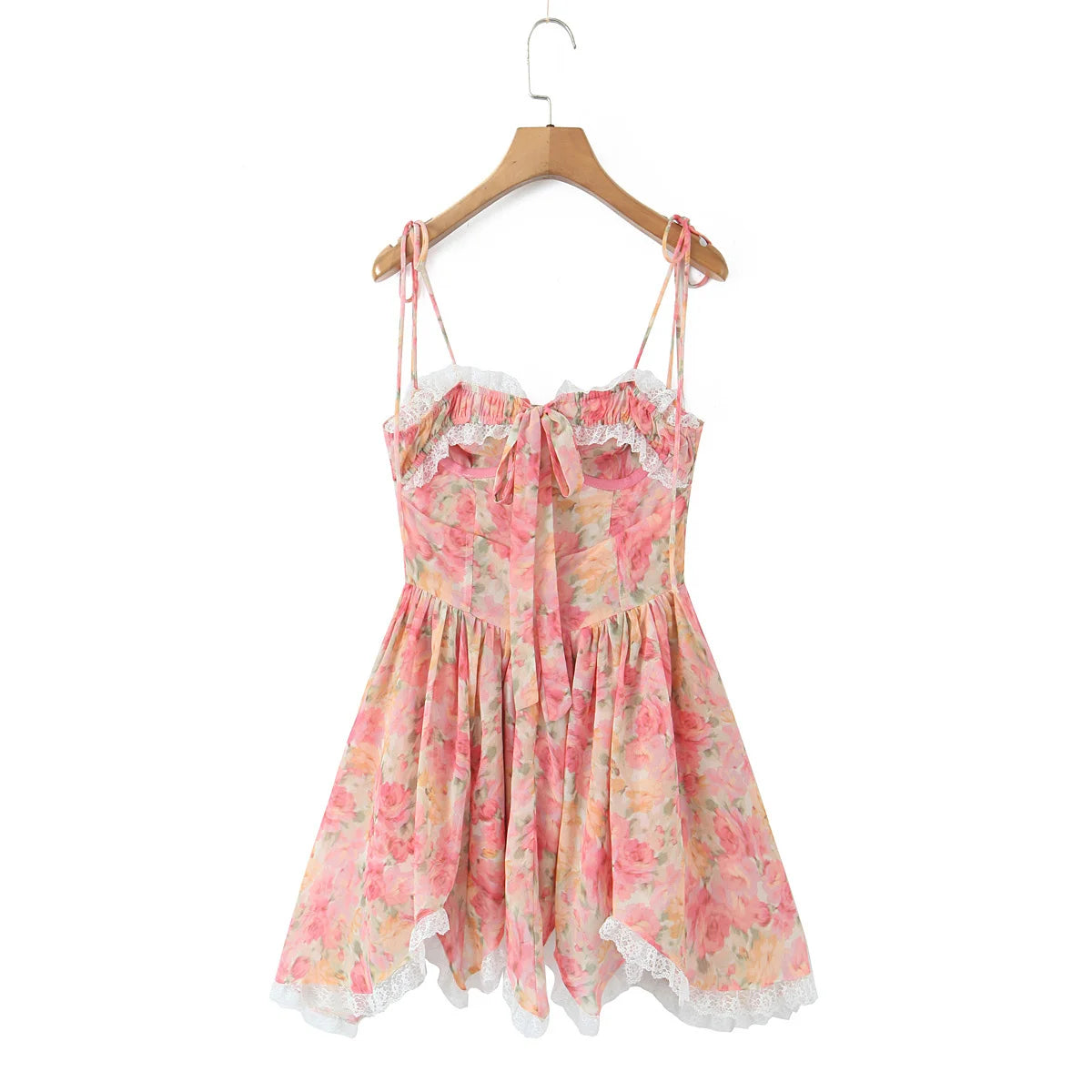 YENKYE Sexy Sling Floral Print Boho Beach Dress Women New 226  Lace Trim  Irregular Hem Holiday Summer Dresses Short Robe