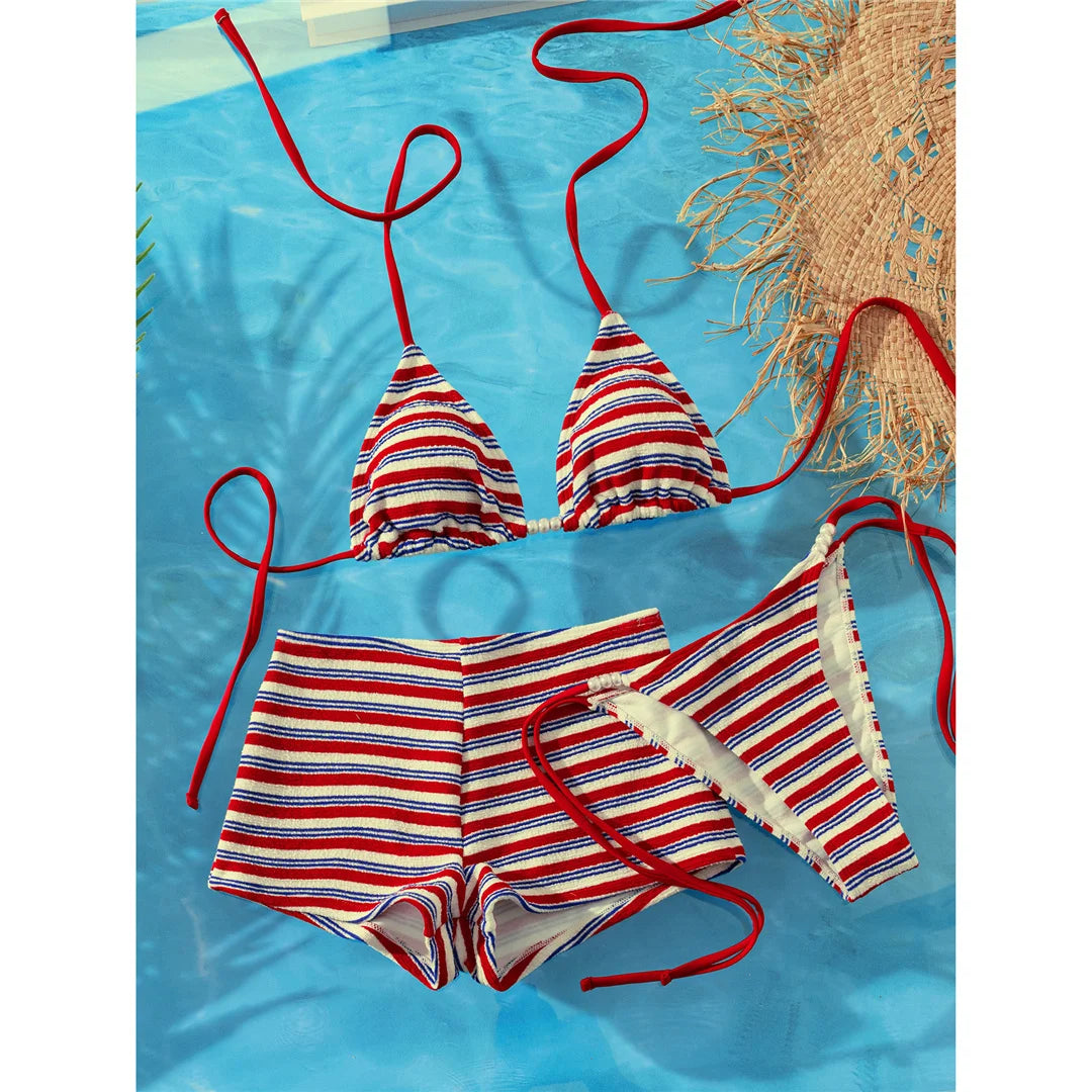 S - XL With Shorts Striped Halter Bikini Women Swimwear Female Swimsuit Three-Pieces Bikini Set Bather Bathing Suit Swim V8130