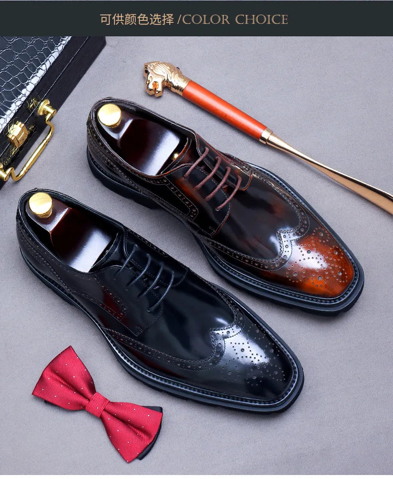Size 38 To 46 Classic Italian Genuine Leather Men's Dress Shoes Black Lace-up Wingtip Oxfords Business Wedding Brogue Suit Shoes