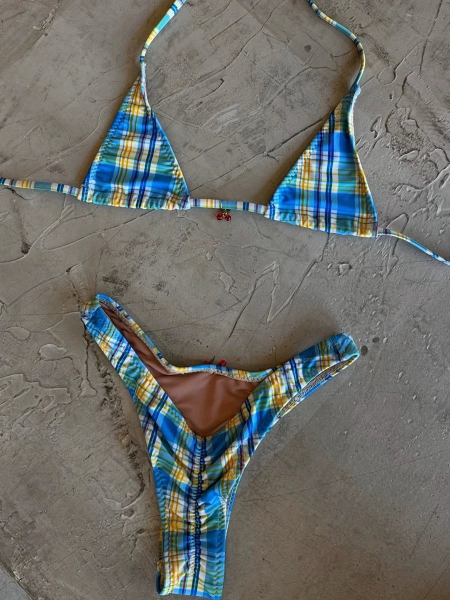 Sexy Blue Plaid Micro Bikini Set 2026 Women Halter Push Up Bra Bow Thong Swimsuit Summer Holiday Bathing Suit Triangle Swimwear