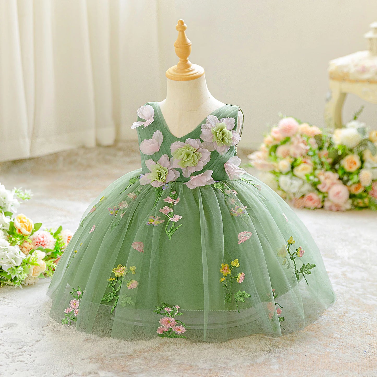 Summer Flower Party Baby Girls Dress Toddler Tulle 1st Birthday Princess Bridesmaid Wedding Dress Girl Baptism Evening Prom Gown