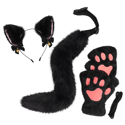 Halloween Cats Costume Set for Girl Cosplay, Halloween Cats Costume Accessories with Headband, Tail, Gloves 3Pcs