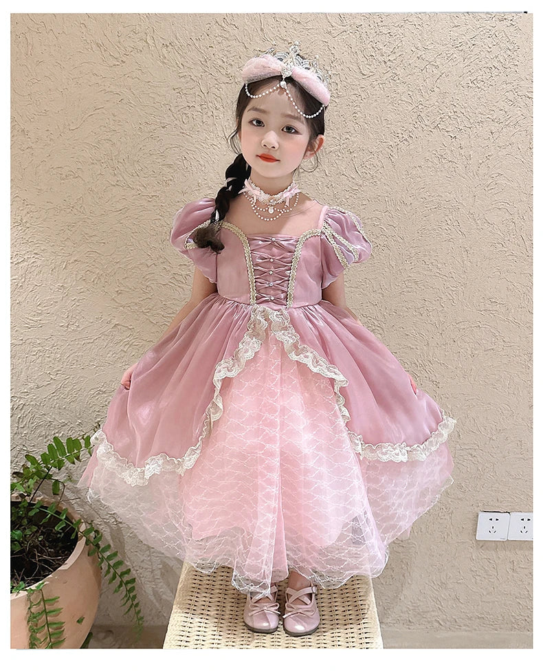 Kids Pink Aurora Princess Lolita Dress Halloween Costume Girl Sleeping Beauty Princess Cosplay Birthday Party Dresses for 2-12Y