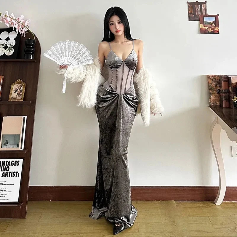 Fashion Velvet Women Camis Dress Y2K Sexy Slim Spaghetti Straps All Match Midi Dress Korean Chic Pleats Party Club Long Dress