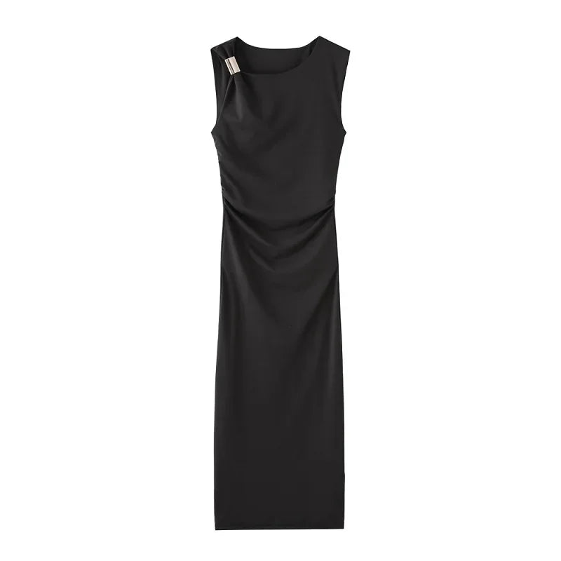 MUJER 2025 Pleated Midi Dress Women Bodycon Long Dress Woman Asymmetric Holiday Women's Summer Dress Sleeveless Evening Dresses