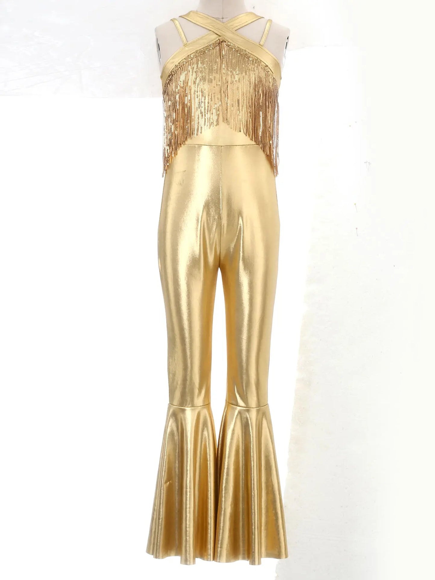 Kids Girls Hippie Halloween Costume Tassels Unitard Bell-bottom Long Pants Bodysuit Jumpsuit Disco Dance 60s 70s Rave Party Wear
