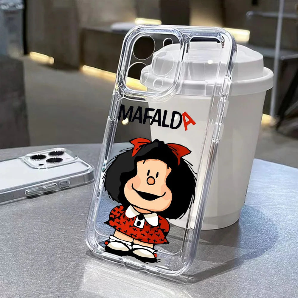 Cartoon Bow Mafaldas Phone Case For iPhone 17 16 16e 15 14 13 12 11 Mini Pro Max X XR XSMax 7 8 Air Plus Transparent Back Cover