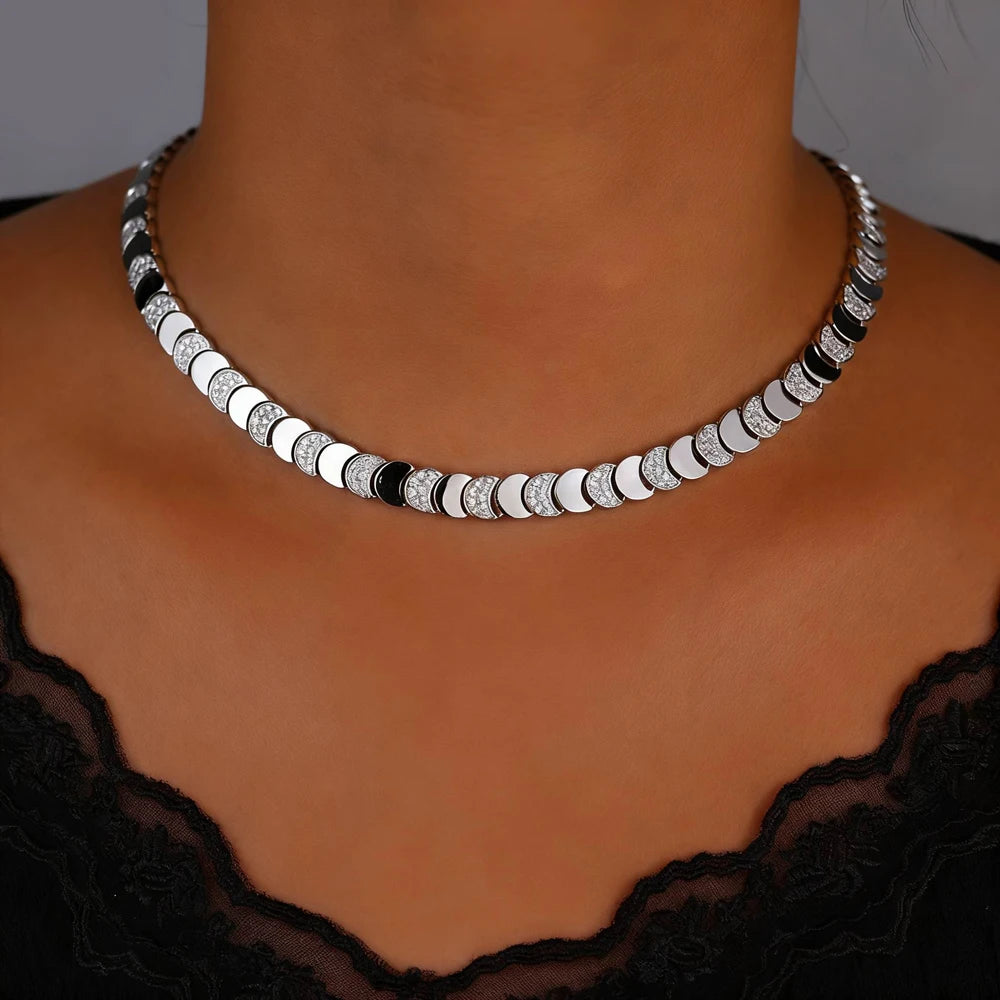Geometric Moon Shaped Charm Tennis Chains Necklace for Women Pave CUBIC Zirconia Platinum Plated Color Fashion Jewelry 2025