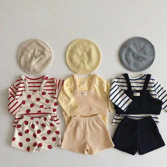 2025 Autumn New Baby Girl Cute Strawberry Print Clothes Set Infant Ribbed Vest + Shorts 3pcs Suit Cute Toddler Girl Outfits