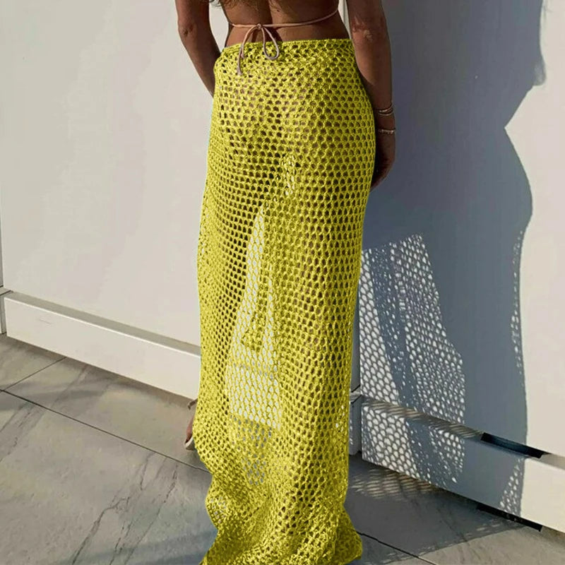 New Arrival Women Knitting Crochet Hollow Out Cover Up Solid Color Beach Dress Sexy Wrap Skirt Binding Rope Beach Wear Sarong