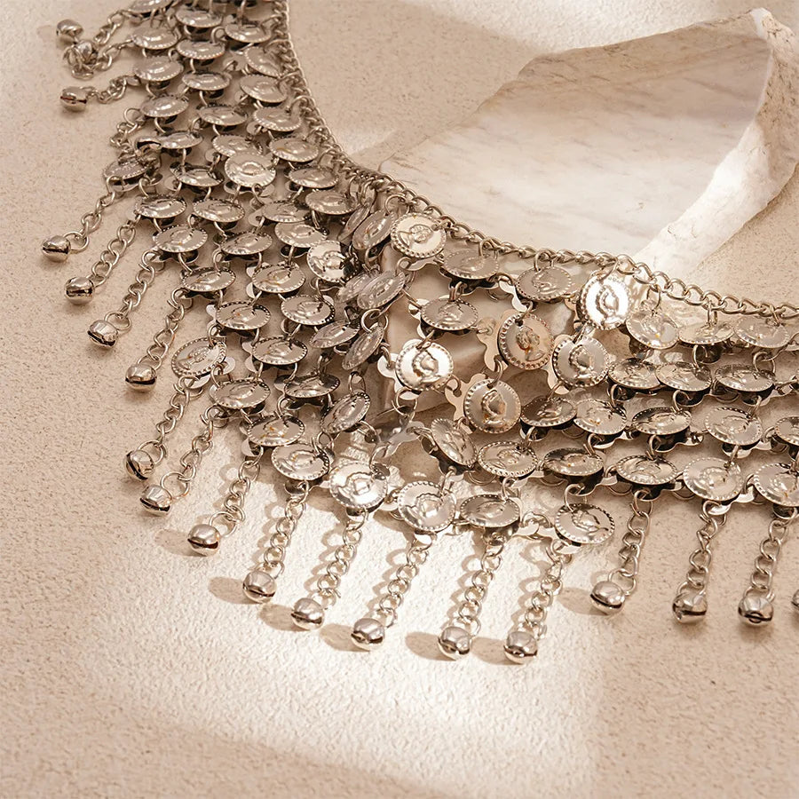 Ethnic Silver Color Bell Coins Tassel Waist Chain Belly Chain for Women Adjustable Chains Sexy Bikini Dance Dress Body Jewelry