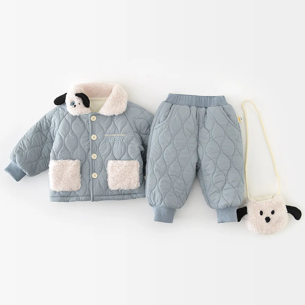 2025 Winter New Baby Warm Clothes Set Boys Girls Cute Lapel Padded Jacket + Pants 2pcs Suit Plus Velvet Thick Infant Outfits