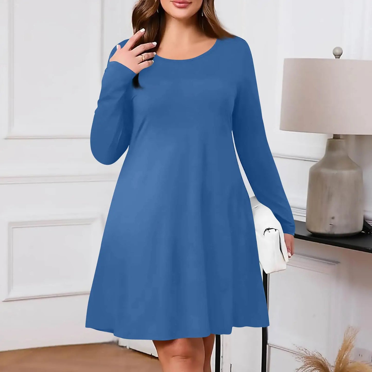 Plus Size Dress for Women Solid-Colour Casual Dress Spring/Autumn Pocket Round Neck Long-Sleeved Dresses vestidos femenino
