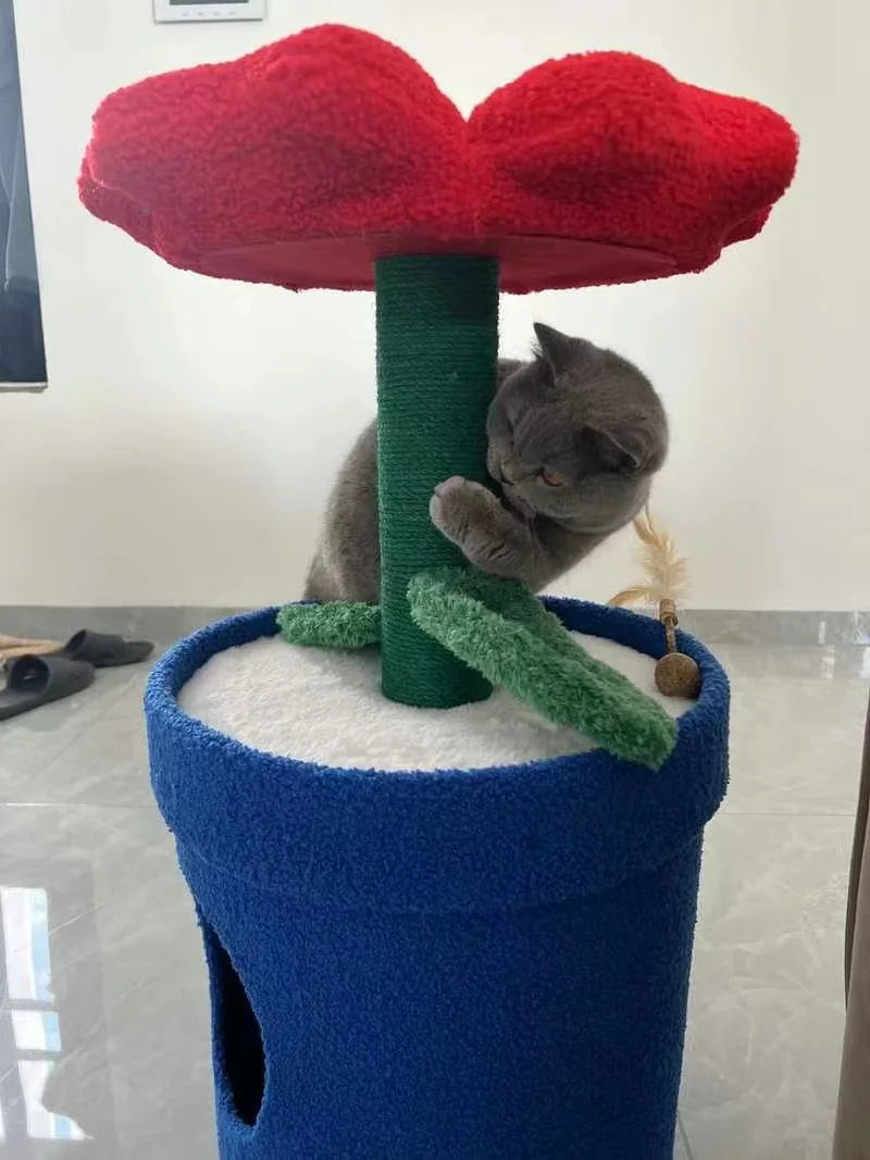 Red Flower Potted Cat Tree with Integrated Cat Bed Below Medium-Sized Cat Tree (Suitable for Cats Under 15 lbs)