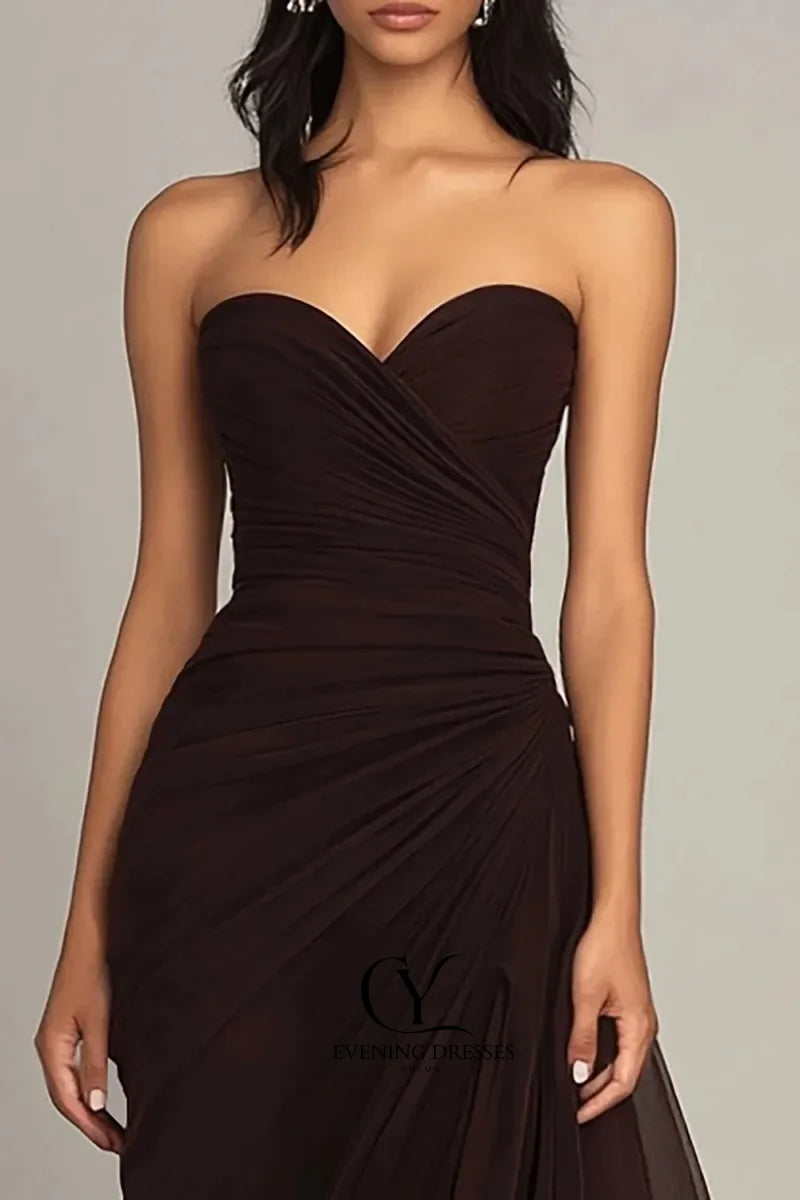 CUYUN Pleated Strapless Evening Dresses Brown Long Prom Dresses Formal Sexy Off-shoulder Vestidos De Fiesta Customized
