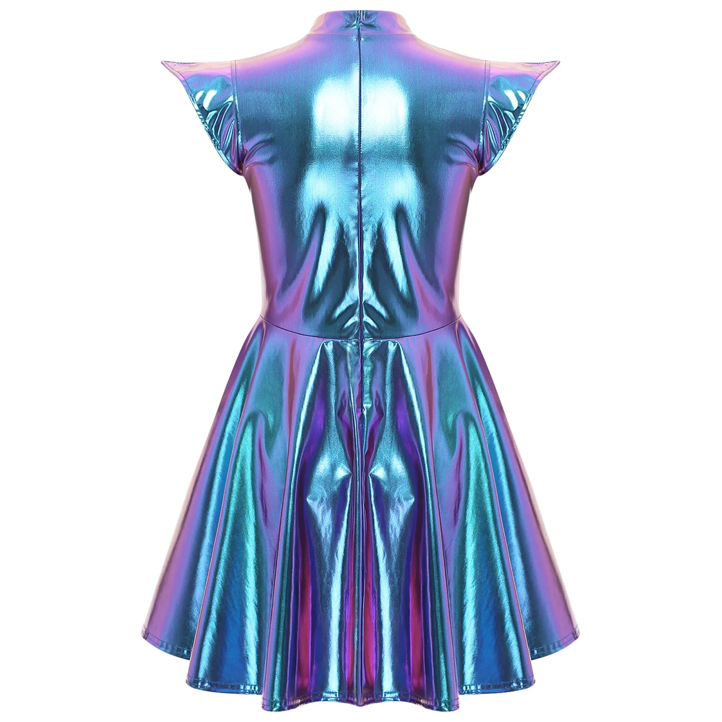 Womens Cocktail Dress Shiny Metallic Dress Alien Space Cap Sleeve High Waist A-line Dress for Halloween Party High Street Dress